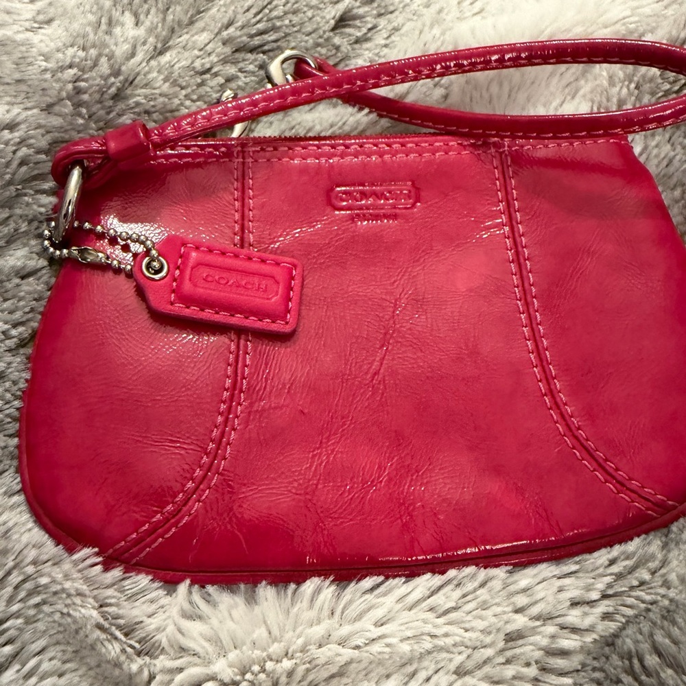 Coach Patent Leather Wristlet Magenta Silver Embossed Logo